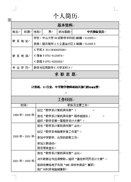 IT行業的簡歷表格