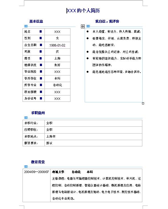 2010自動化專業別致個人簡歷模板