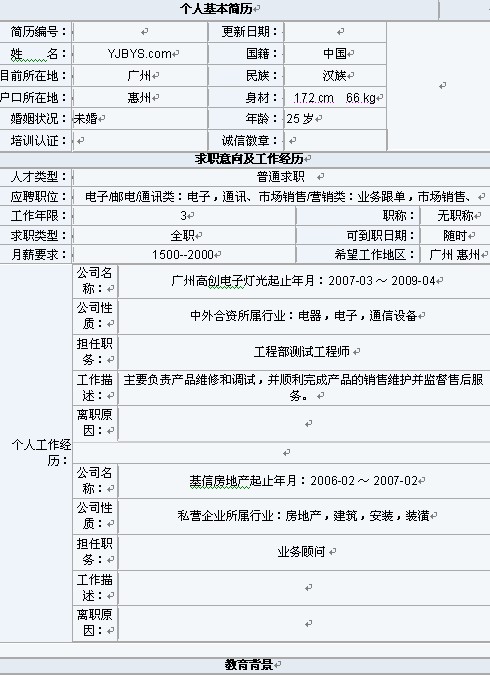 業務跟單簡歷表格下載