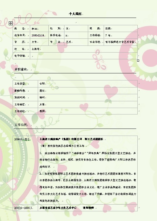 藝術專業優秀畢業生個人簡歷模板下載