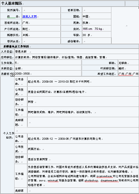 計算機軟件個人簡歷表格下載