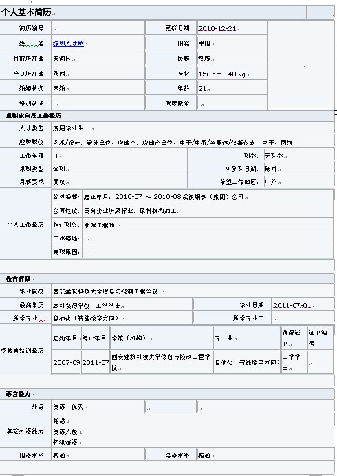 應屆生個人簡歷表格（內容豐富）