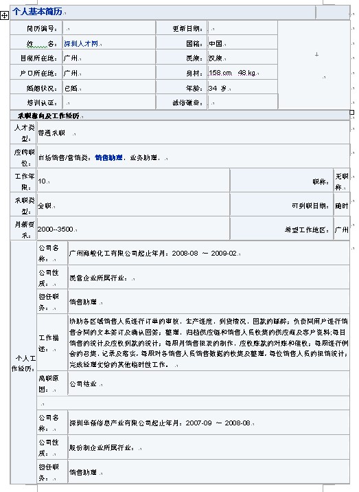 銷售類個人簡歷表格（新版）