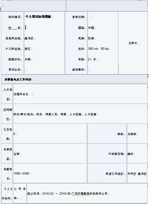 應屆大學生必用簡歷表格