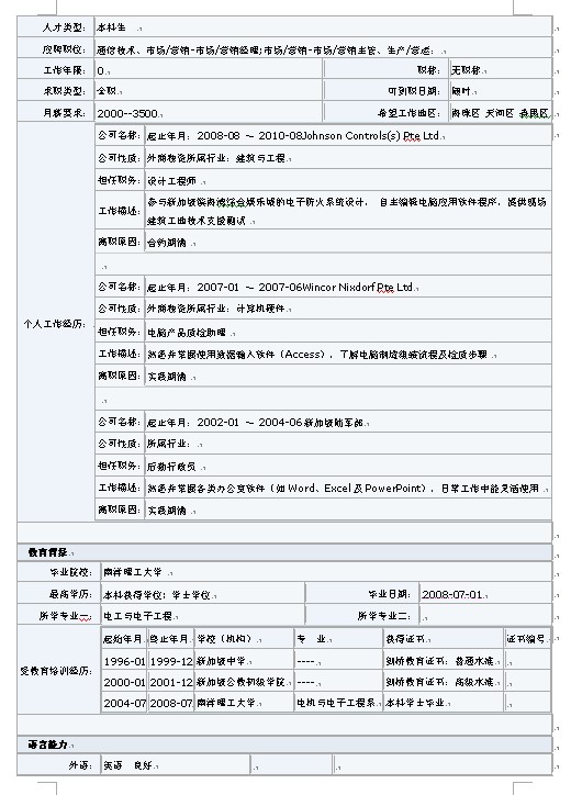 本科生簡歷表格-電子工程專業