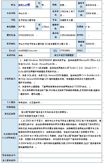 2011大學生通用個人簡歷表格