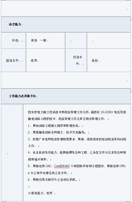 最全面的優秀簡歷表格（電力專業）