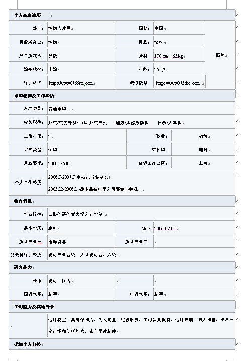 外貿專員個人簡歷模板