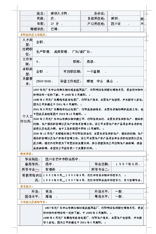 管理類專業個人簡歷表格下載
