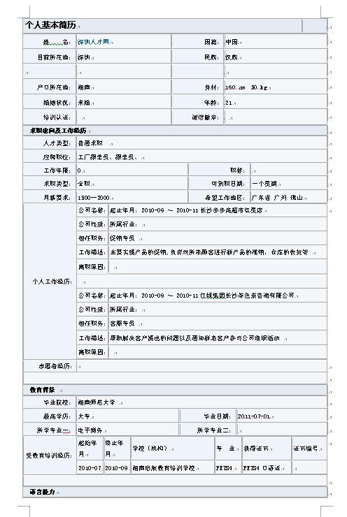 促銷專員求職簡歷表格下載（標準）