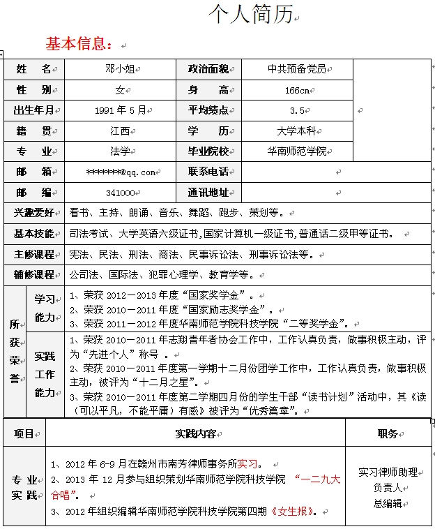 法律系專業生個人簡歷模板