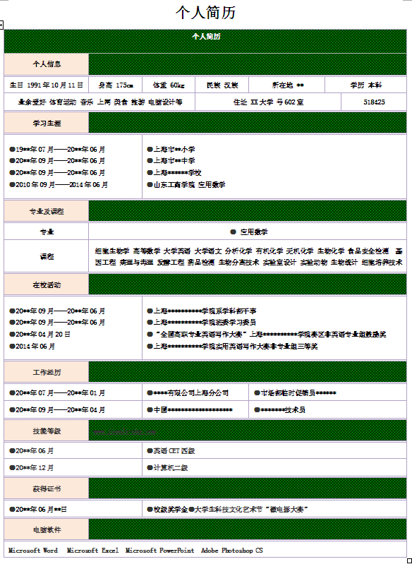 工商學院畢業生個人求職簡歷模板